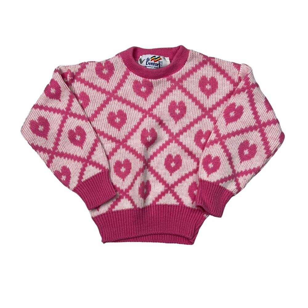 Vintage 80s Heart AOP Print Intarsia Crewneck Pullover Sweater Pink Toddler 2T